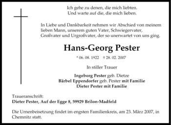 Traueranzeige von Hans-Georg Pester von Tageszeitung