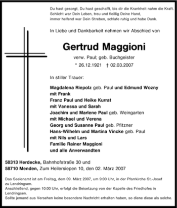 Traueranzeige von Gertrud Maggioni von Tageszeitung