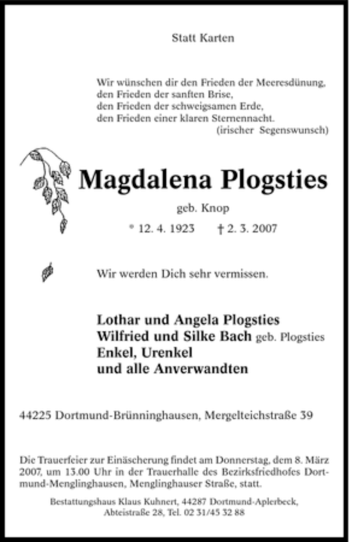 Traueranzeige von Magdalena Plogsties von Tageszeitung