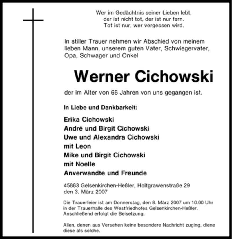  Traueranzeige für Werner Cichowski vom 06.03.2007 aus Tageszeitung