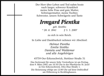 Traueranzeige von Irmgard Pientka von Tageszeitung