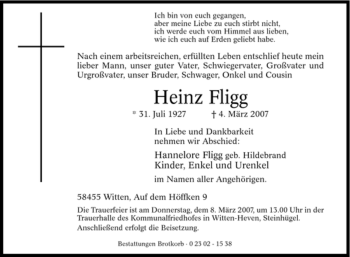 Traueranzeige von Heinz Fligg von Tageszeitung