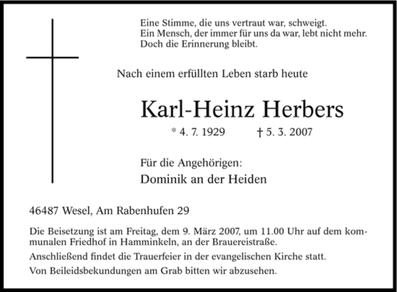  Traueranzeige für Karl-Heinz Herbers vom 06.03.2007 aus Tageszeitung