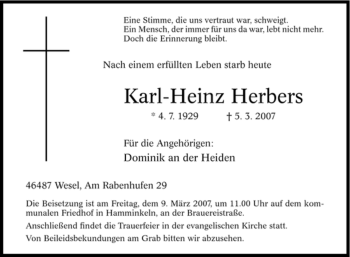 Traueranzeige von Karl-Heinz Herbers von Tageszeitung