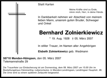 Traueranzeige von Bernhard Zolnierkiewicz von Tageszeitung