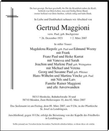 Traueranzeige von Gertrud Maggioni von Tageszeitung