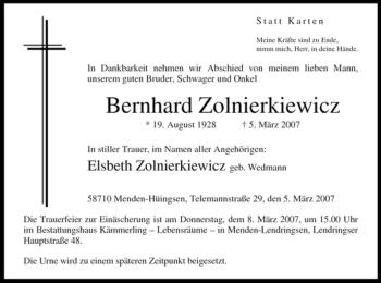 Traueranzeige von Bernhard Zolnierkiewicz von Tageszeitung