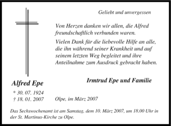 Traueranzeige von Alfred Epe von Tageszeitung