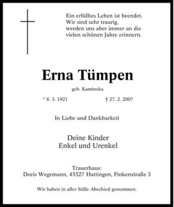 Traueranzeige von Erna Tümpen von Tageszeitung