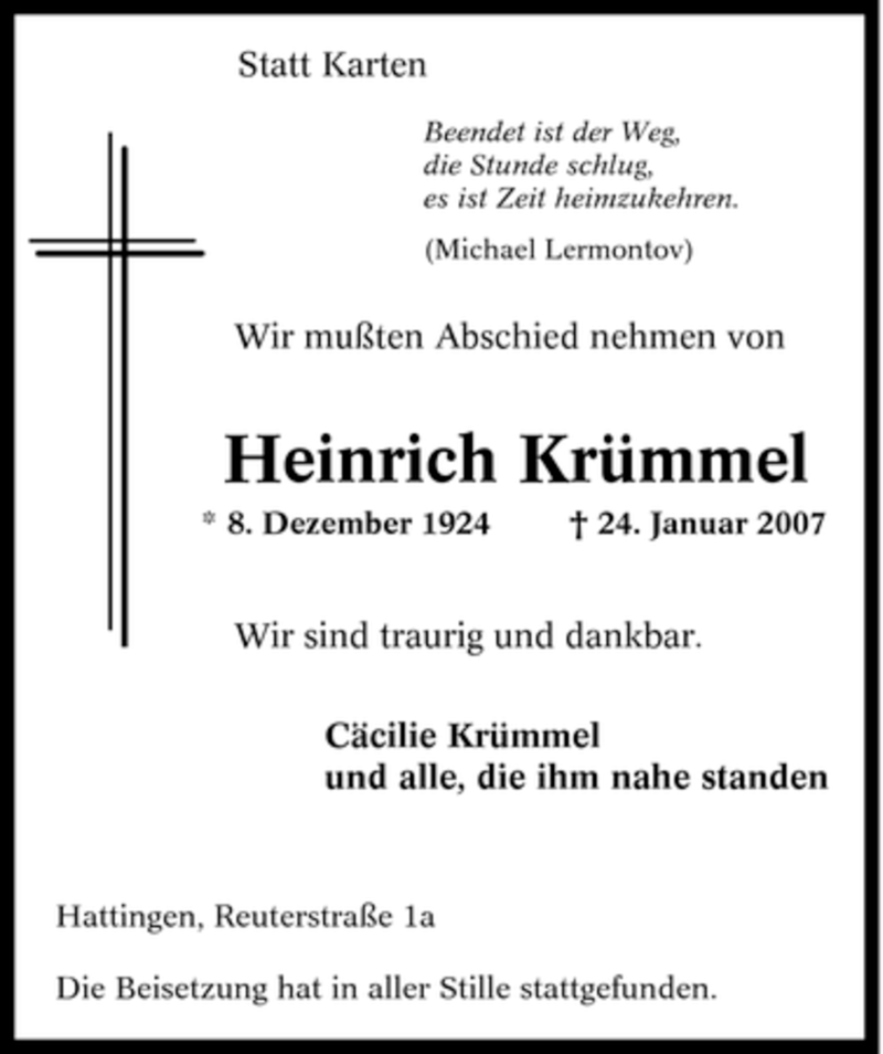  Traueranzeige für Heinrich Krümmel vom 07.03.2007 aus Tageszeitung