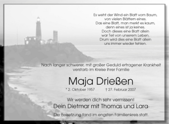 Traueranzeige von Maja Drießen von Tageszeitung