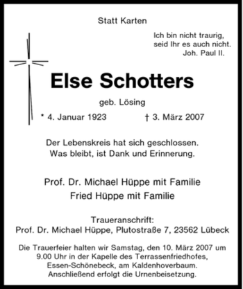 Traueranzeige von Else Schotters von Tageszeitung
