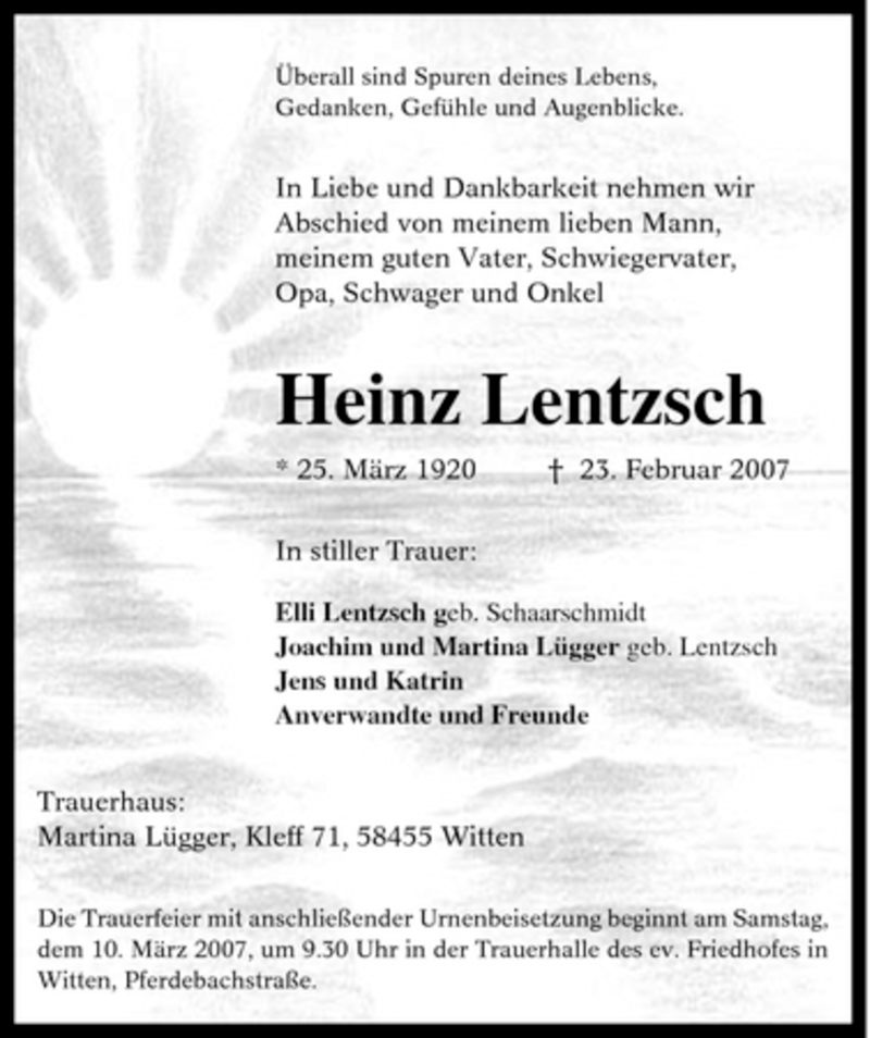  Traueranzeige für Heinz Lentzsch vom 07.03.2007 aus Tageszeitung
