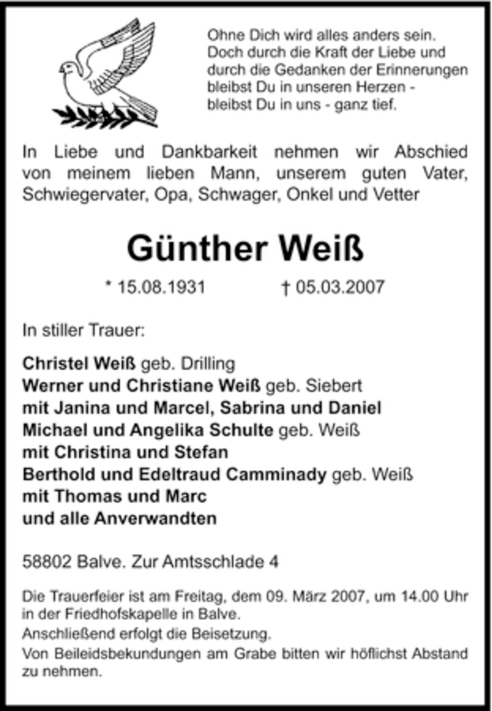  Traueranzeige für Günther Weiß vom 07.03.2007 aus Tageszeitung