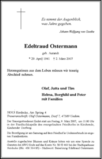 Traueranzeige von Edeltraud Ostermann von Tageszeitung