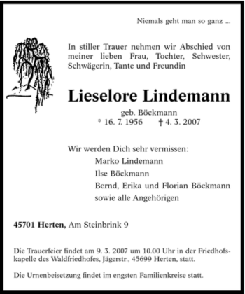 Traueranzeige von Lieselore Lindemann von Tageszeitung