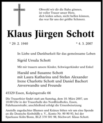 Traueranzeige von Klaus Jürgen Schott von Tageszeitung