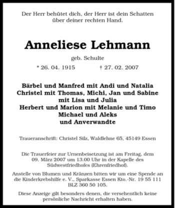 Traueranzeige von Anneliese Lehmann von Tageszeitung