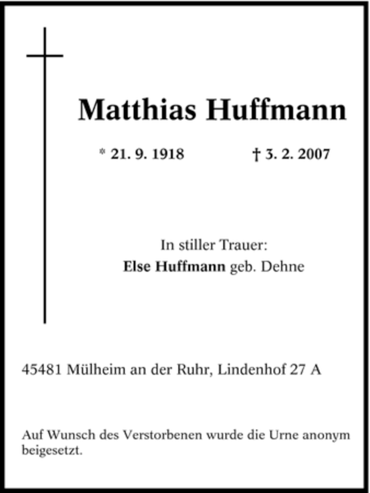  Traueranzeige für Matthias Huffmann vom 07.03.2007 aus Tageszeitung