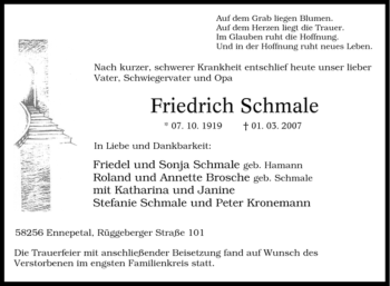Traueranzeige von Friedrich Schmale von Tageszeitung