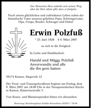Traueranzeige von Erwin Polzfuß von Tageszeitung