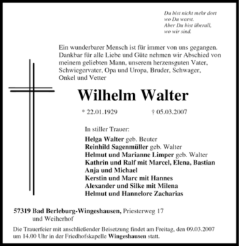 Traueranzeige von Wilhelm Walter von Tageszeitung