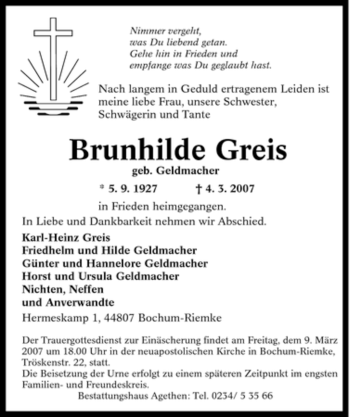 Traueranzeige von Brunhilde Greis von Tageszeitung