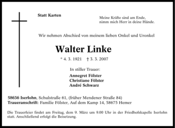 Traueranzeige von Walter Linke von Tageszeitung