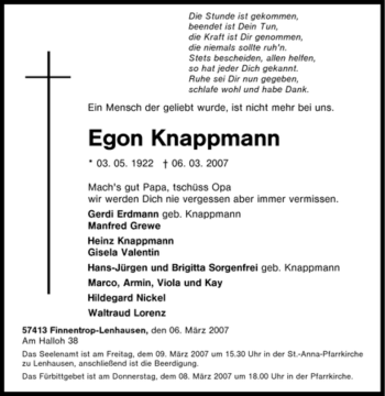 Traueranzeige von Egon Knappmann von Tageszeitung