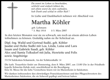 Traueranzeige von Martha Köhler von Tageszeitung