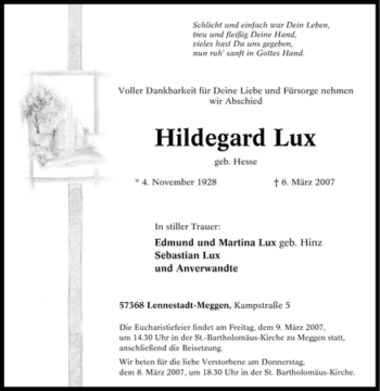 Traueranzeige von Hildegard Lux von Tageszeitung