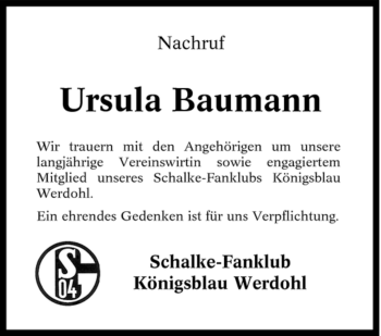 Traueranzeige von Ursula Baumann von Tageszeitung