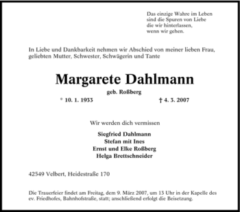 Traueranzeige von Margarete Dahlmann von Tageszeitung