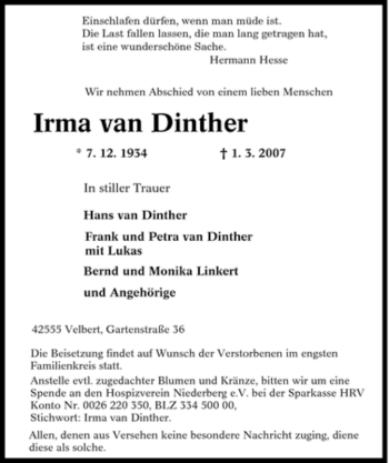 Traueranzeige von Irma van Dinther von Tageszeitung