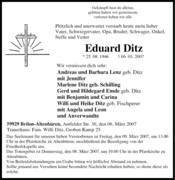 Traueranzeige von Eduard Ditz von Tageszeitung