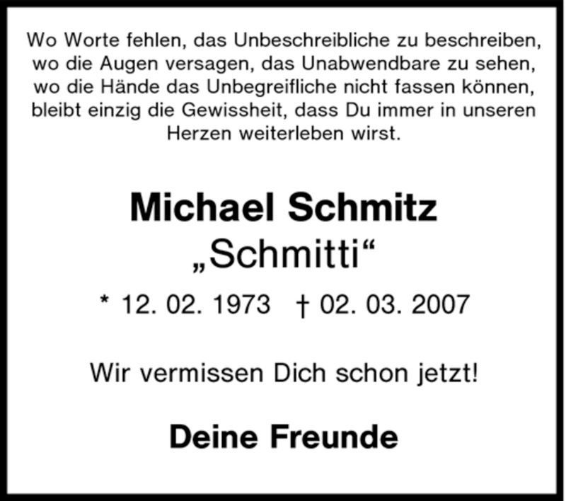  Traueranzeige für Michael Schmitz vom 07.03.2007 aus Tageszeitung