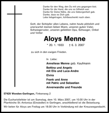 Traueranzeige von Aloys Menne von Tageszeitung