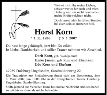 Traueranzeigen von Horst Korn TrauerinNRW.de