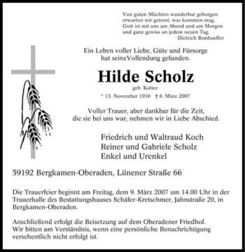 Traueranzeige von Hilde Scholz von Tageszeitung