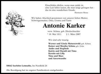 Traueranzeige von Antonie Karker von Tageszeitung