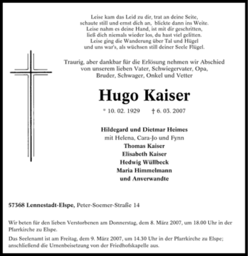 Traueranzeige von Hugo Kaiser von Tageszeitung