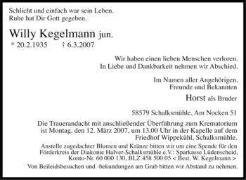 Traueranzeige von Willy Kegelmann von Tageszeitung