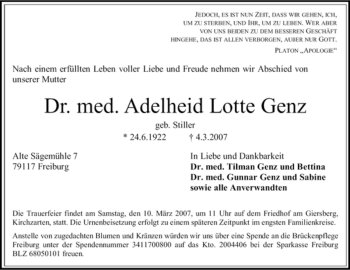 Traueranzeige von Adelheid Lotte Genz von Tageszeitung