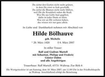 Traueranzeige von Hilde Bölhauve von Tageszeitung