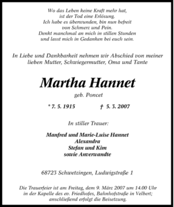Traueranzeige von Martha Hannet von Tageszeitung
