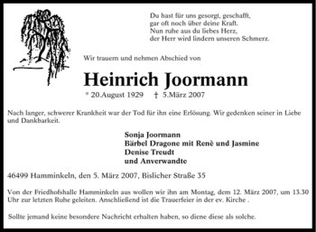 Traueranzeige von Heinrich Joormann von Tageszeitung
