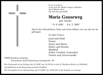 Traueranzeige von Maria Gauseweg von Tageszeitung