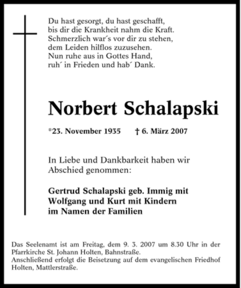  Traueranzeige für Norbert Schalapski vom 07.03.2007 aus Tageszeitung