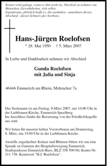 Traueranzeige von Hans-Jürgen Roelofsen von Tageszeitung