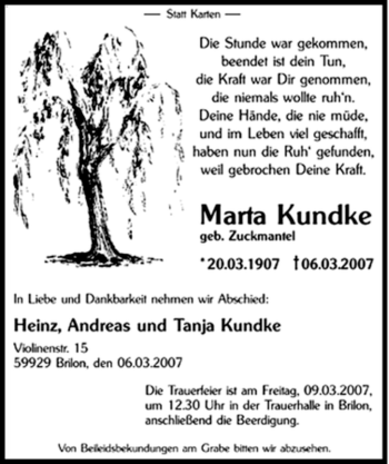 Traueranzeige von Martha Kundke von Tageszeitung